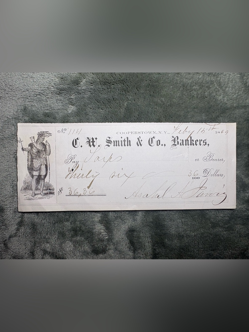 1869 C.W. Smith & Co. Bankers Cooperstown NY antique check